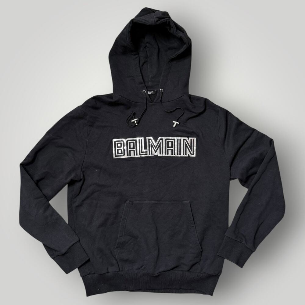 BALMAIN SILVER EMBOSSED HOODIE - BLACK SZ M